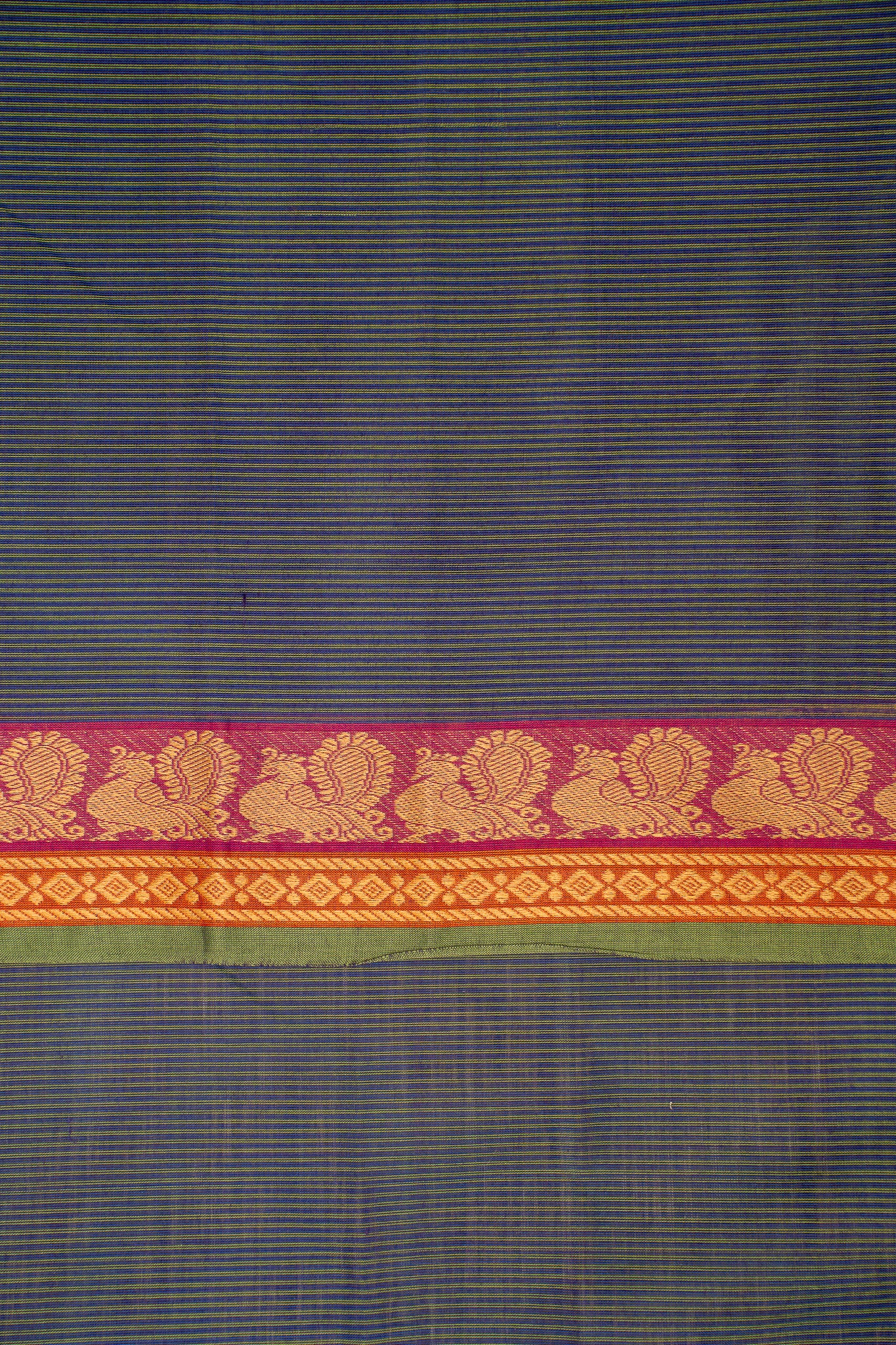 Peacock Blue Stripes Pure Kanchi Cotton Saree - Clio Silks