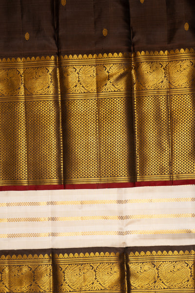 Pearl White and Brown Zari Stripes Pure Kanchipuram Silk Saree - Clio Silks