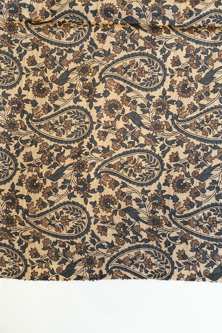 Black hand printed paisley woven buttis pure Tussar silk saree