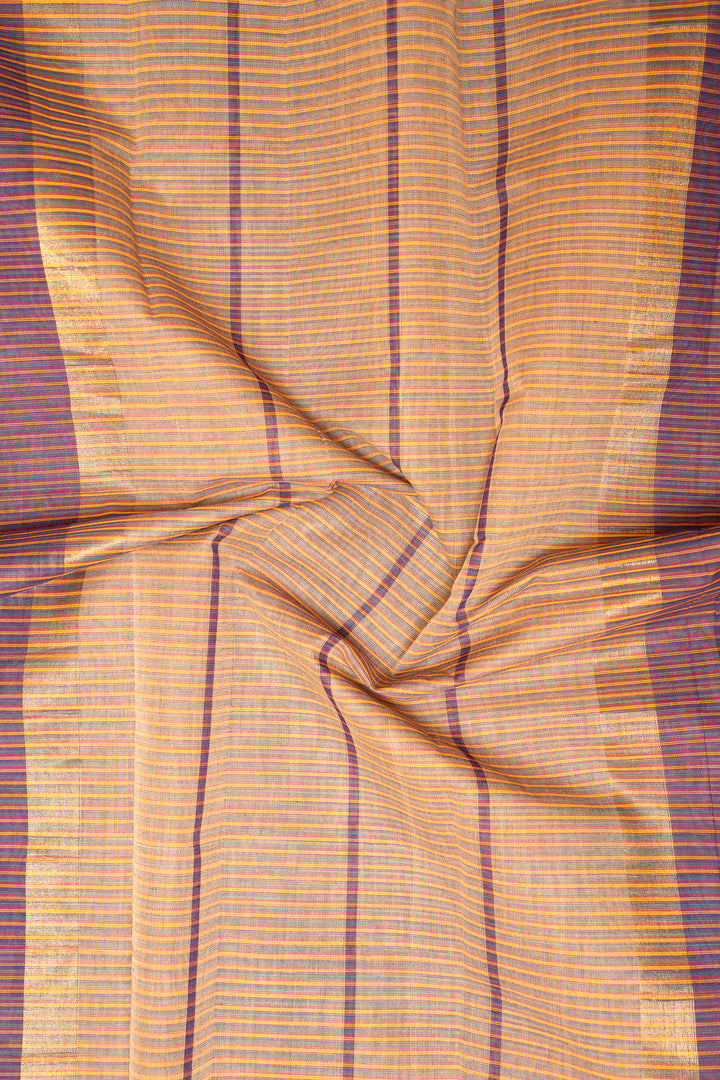 Peach and Grey Stripes Pure Kanchi Cotton Saree - Clio Silks