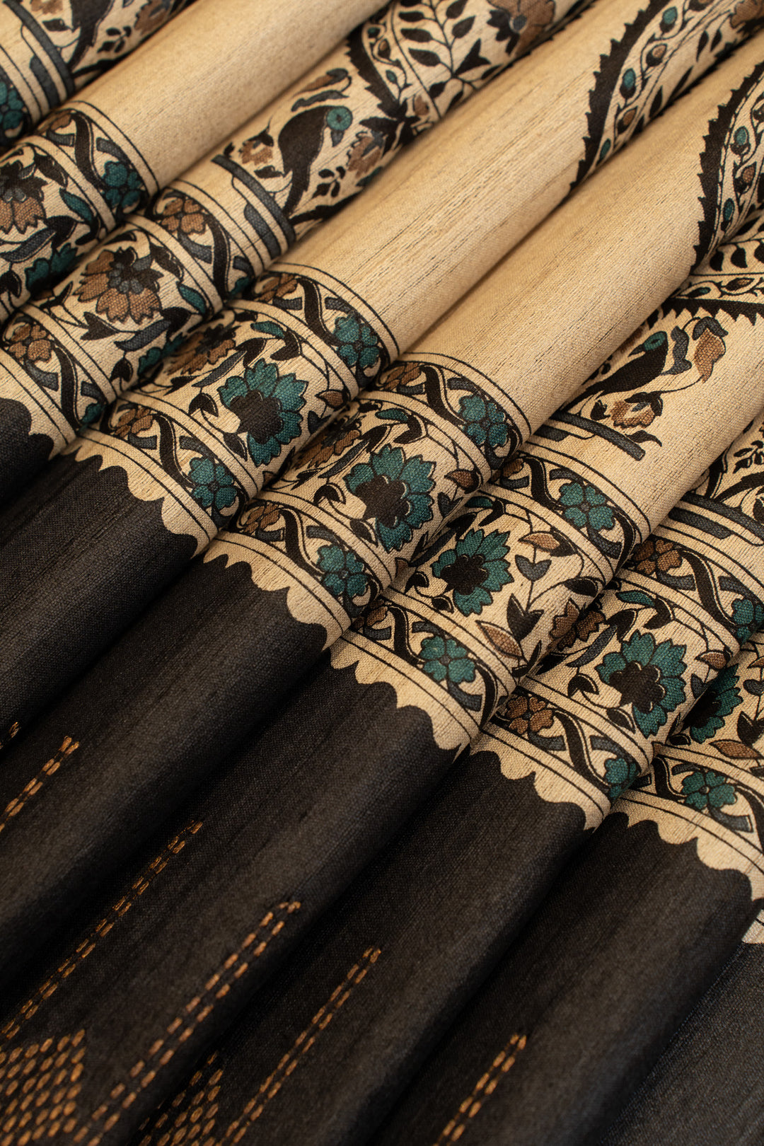 Black hand printed paisley woven buttis pure Tussar silk saree