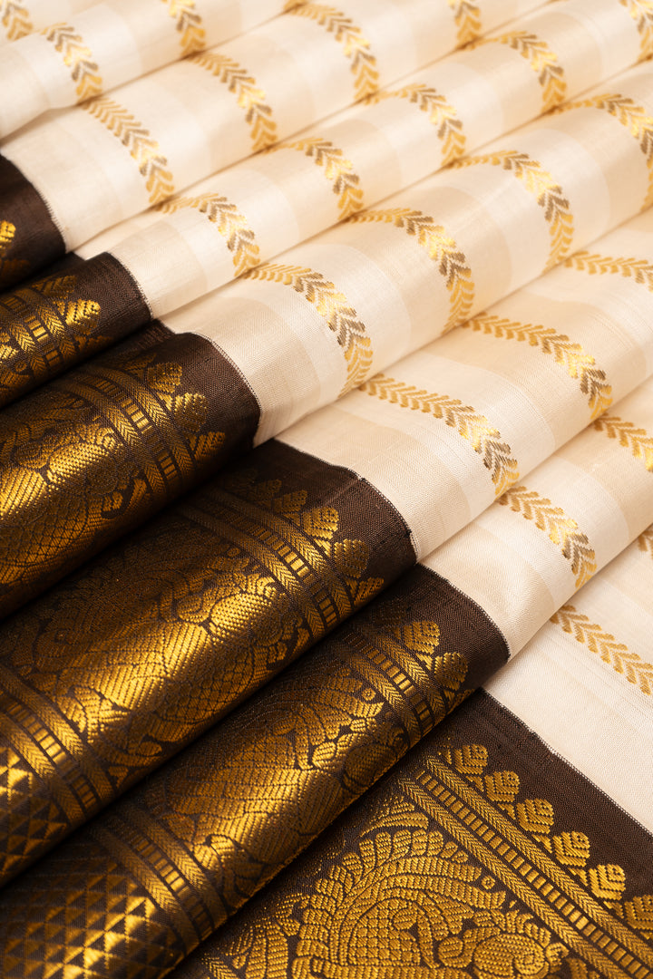 Pearl White and Brown Zari Stripes Pure Kanchipuram Silk Saree - Clio Silks