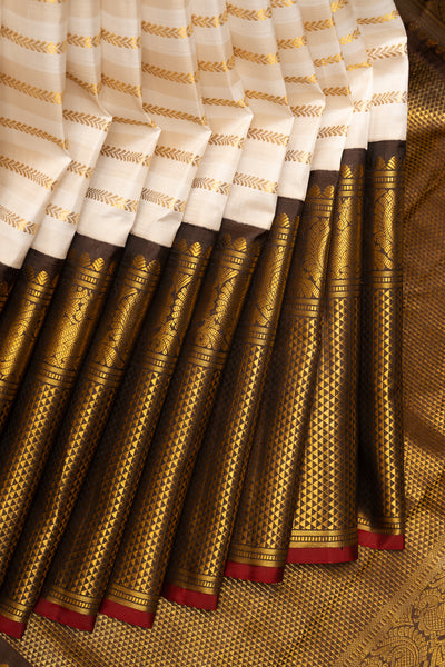 Pearl White and Brown Zari Stripes Pure Kanchipuram Silk Saree - Clio Silks