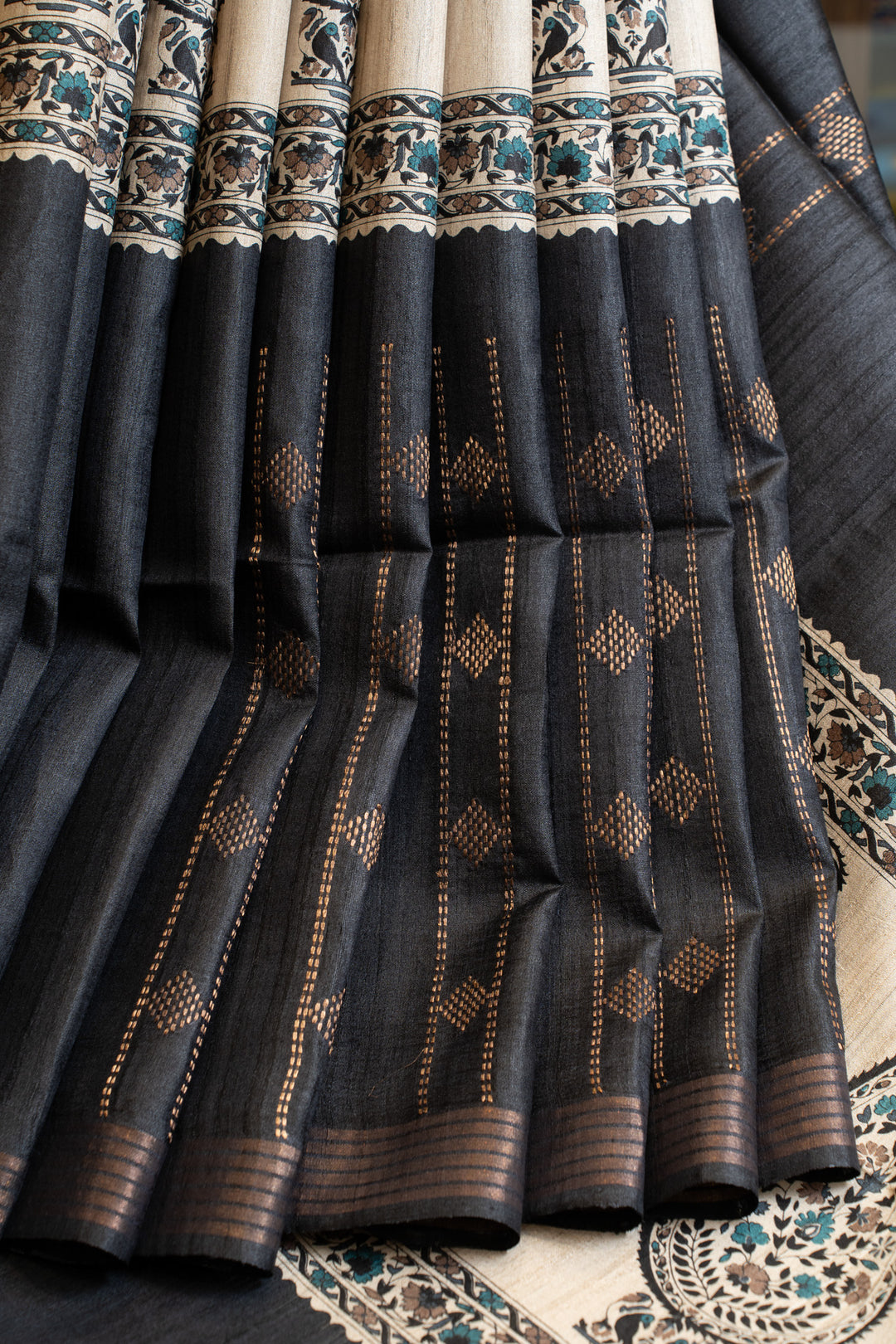 Black hand printed paisley woven buttis pure Tussar silk saree