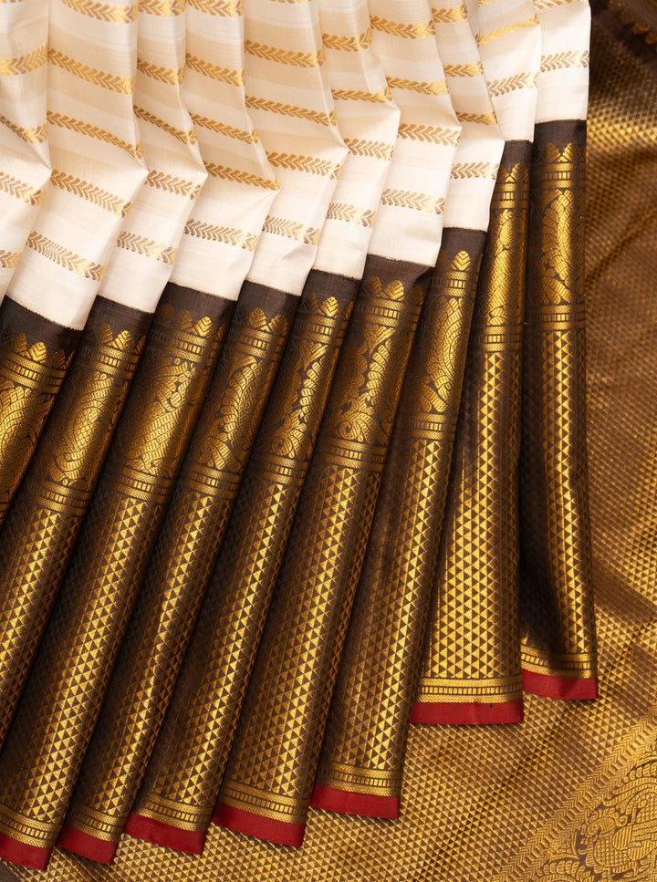 Pearl White and Brown Zari Stripes Pure Kanchipuram Silk Saree - Clio Silks