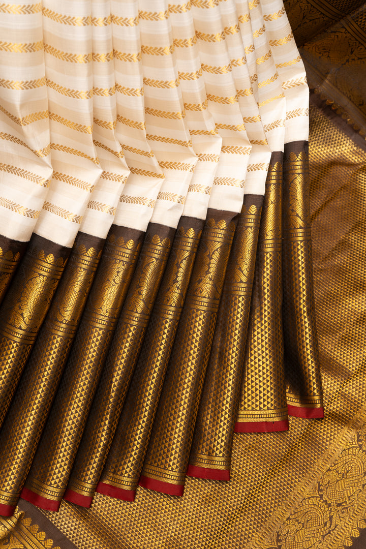 Pearl White and Brown Zari Stripes Pure Kanchipuram Silk Saree - Clio Silks