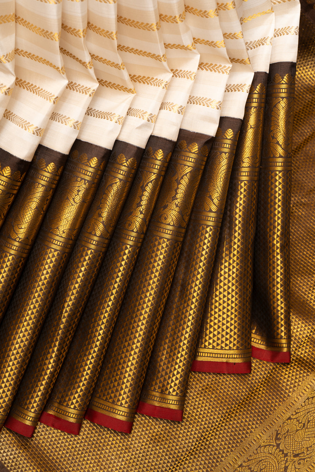 Pearl White and Brown Zari Stripes Pure Kanchipuram Silk Saree - Clio Silks