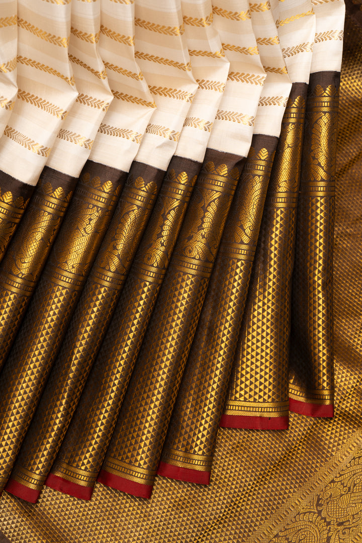 Pearl White and Brown Zari Stripes Pure Kanchipuram Silk Saree - Clio Silks