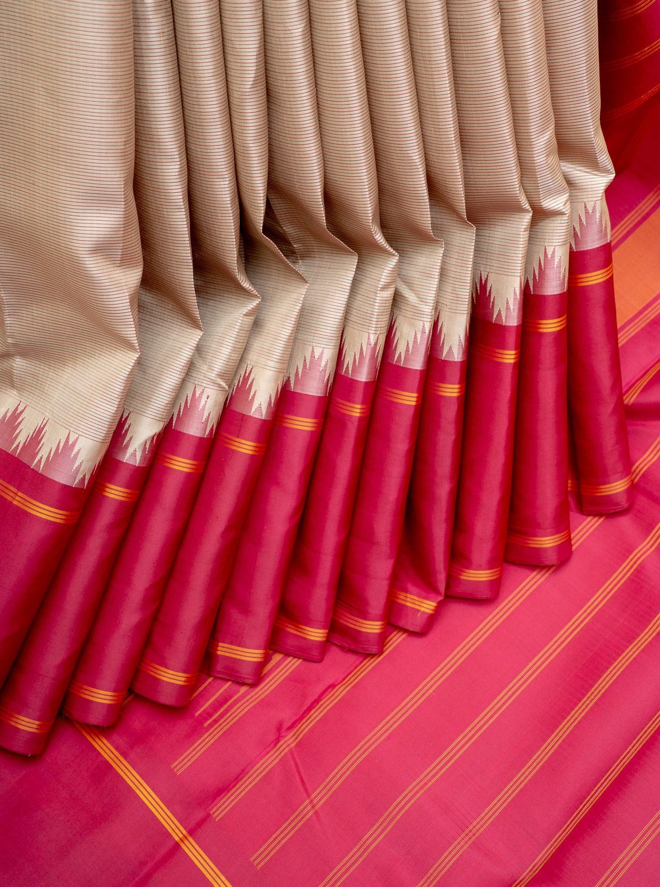 Beige Self Stripes Without Zari Pure Kanchipuram Silk Saree - Clio Silks