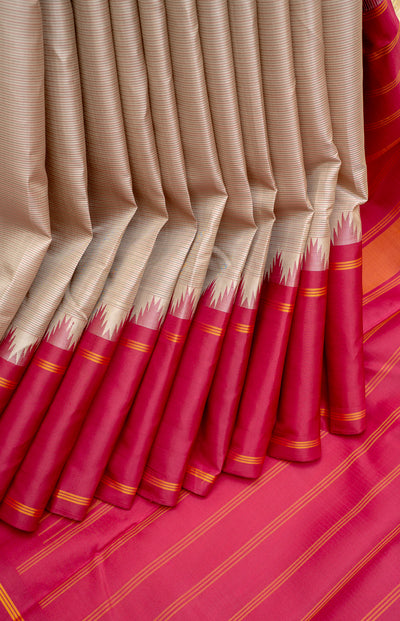 Beige Self Stripes Without Zari Pure Kanchipuram Silk Saree - Clio Silks