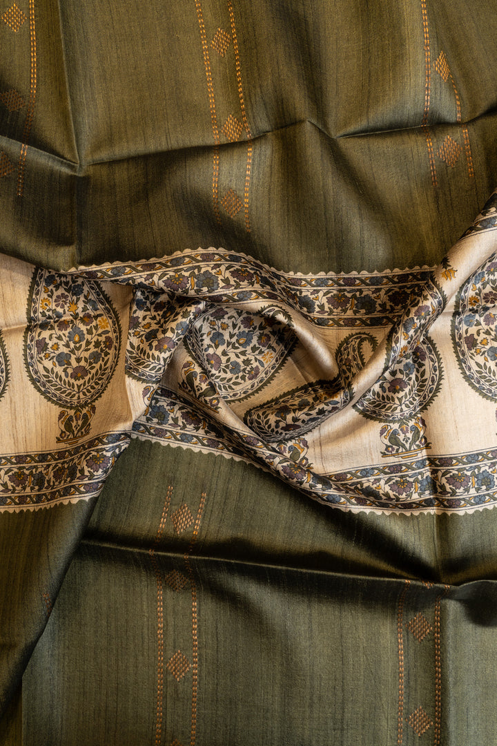 Olive green paisley hand printed woven buttis pure Tussar silk saree