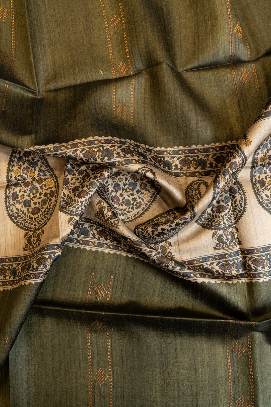 Olive green paisley hand printed woven buttis pure Tussar silk saree