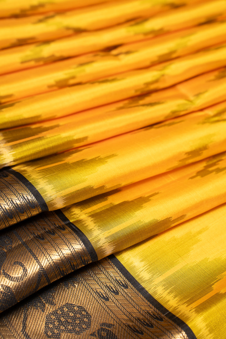 Yellow and Black Pure Ikat Silk Saree - Clio Silks