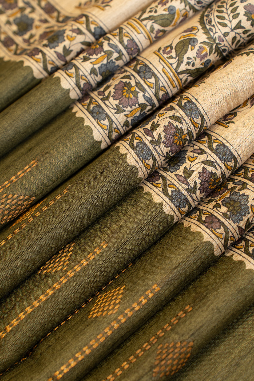 Olive green paisley hand printed woven buttis pure Tussar silk saree