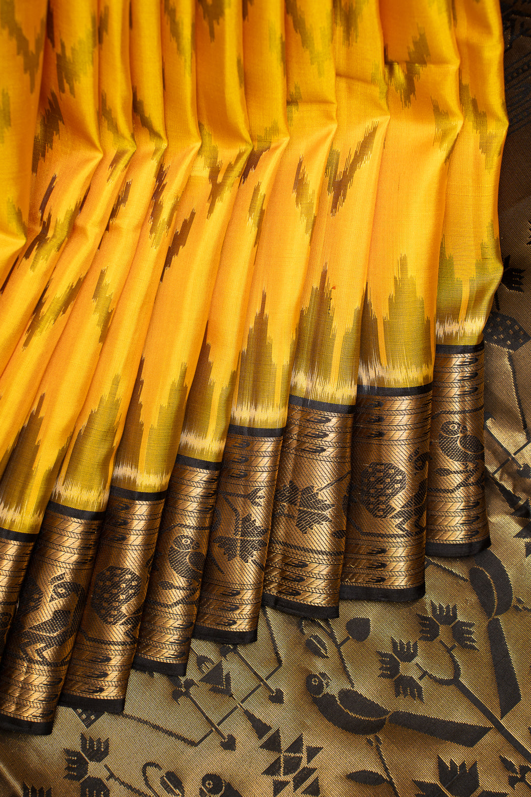 Yellow and Black Pure Ikat Silk Saree - Clio Silks