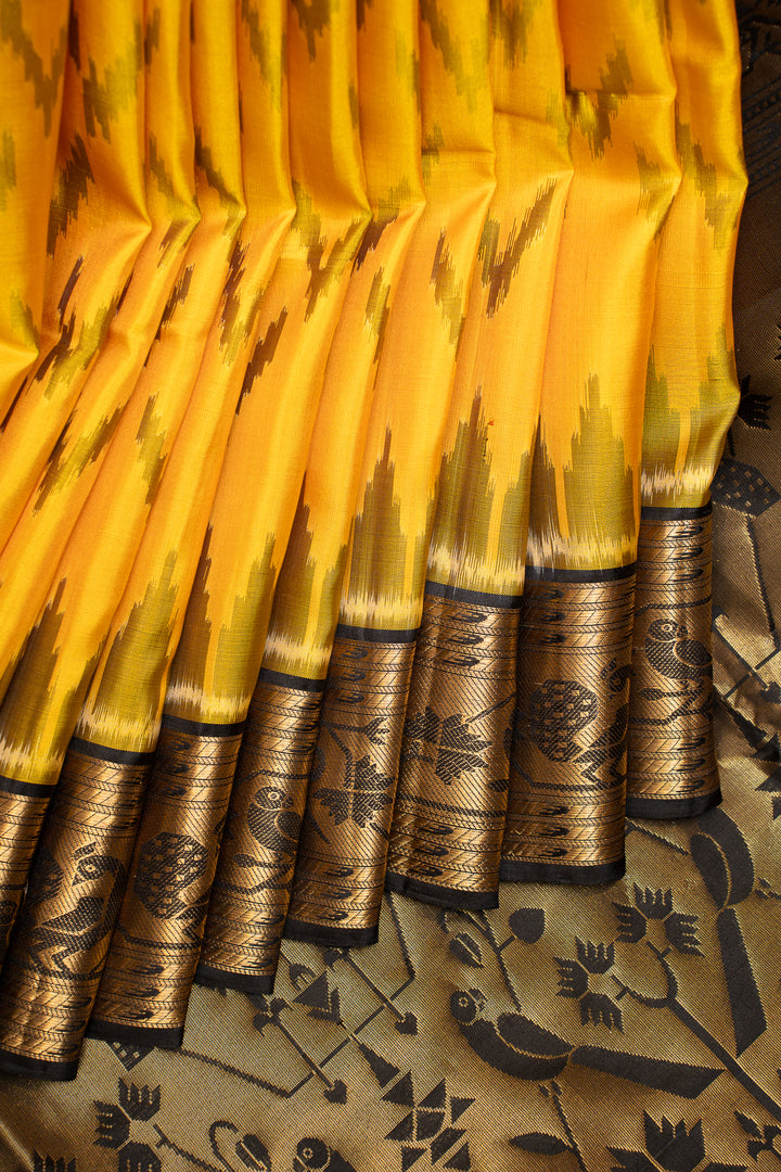 Yellow and Black Pure Ikat Silk Saree - Clio Silks