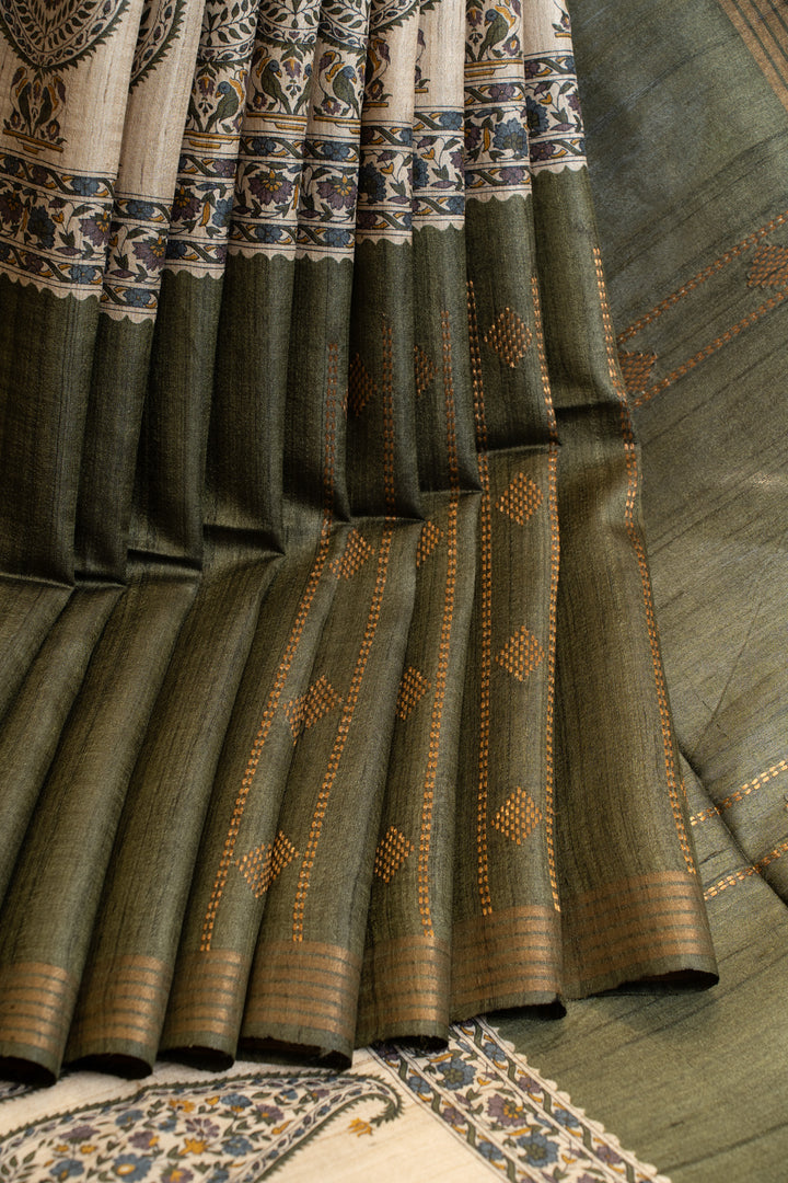 Olive green paisley hand printed woven buttis pure Tussar silk saree