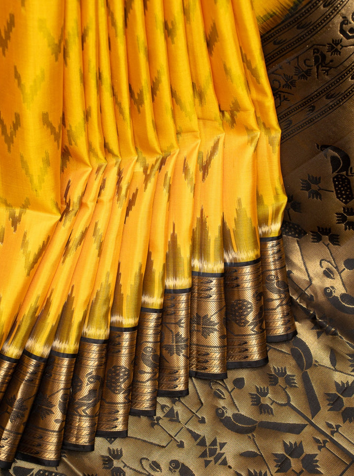 Yellow and Black Pure Ikat Silk Saree - Clio Silks