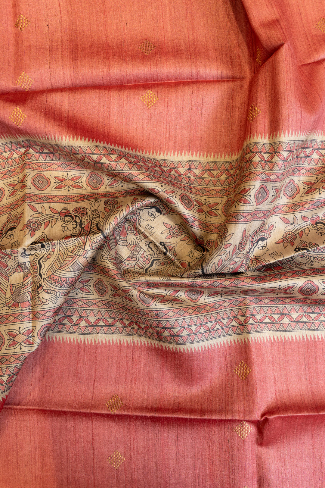 Peach Madhubani Stripes handprinted pure Tussar silk saree