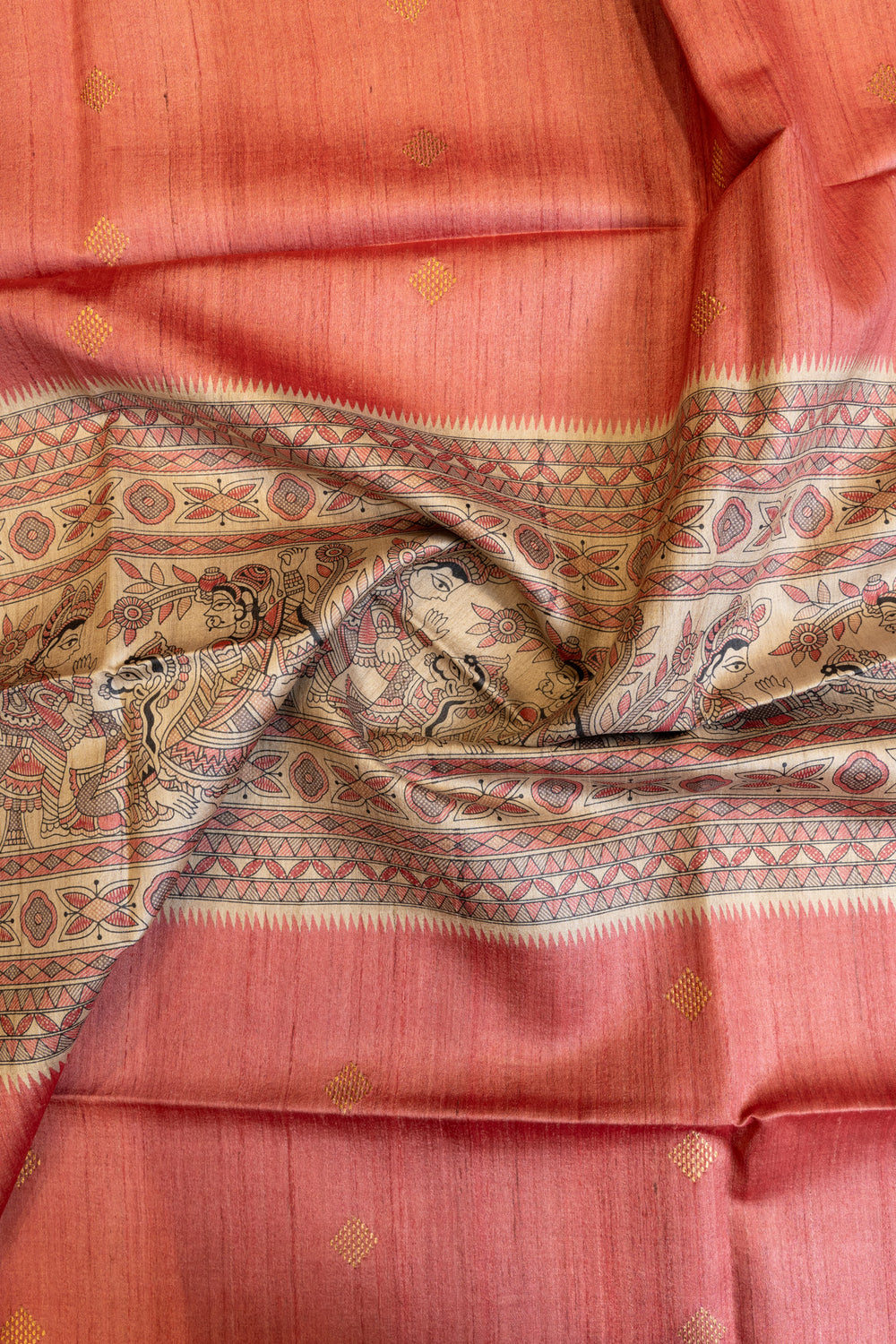 Peach Madhubani handprinted pure Tussar silk saree
