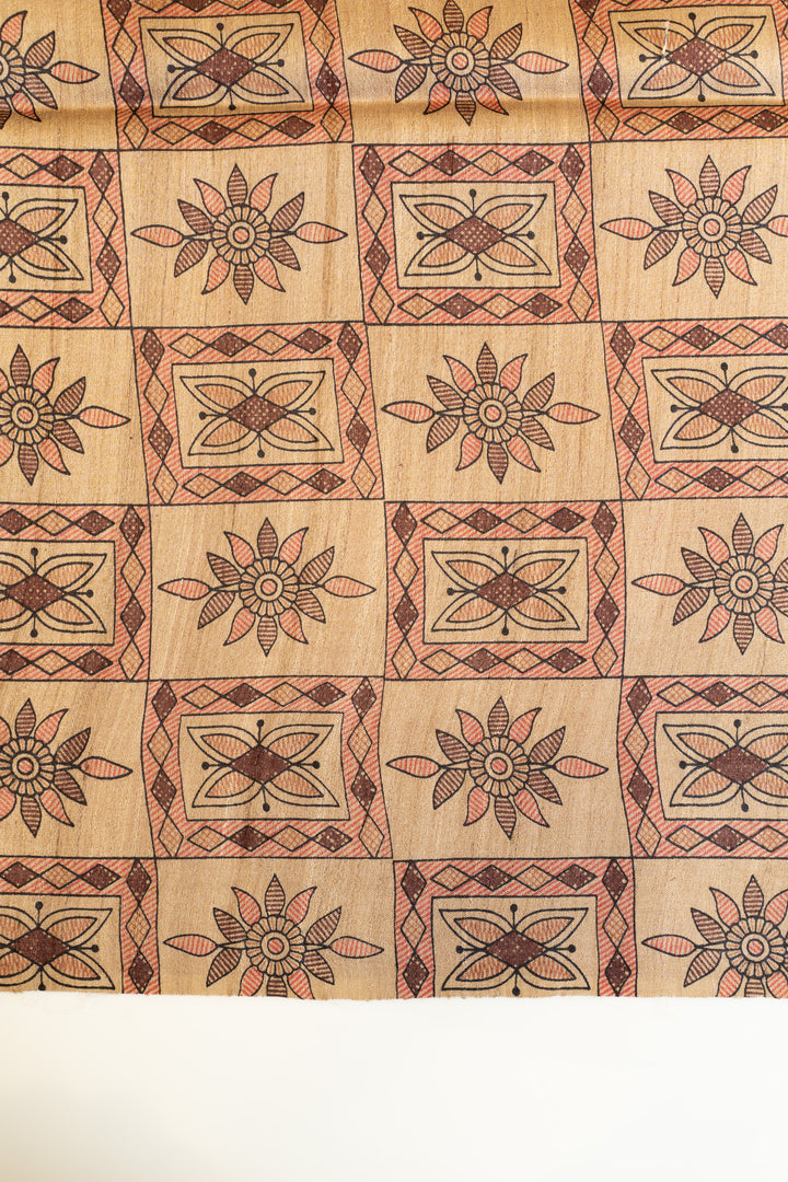 Peach Madhubani Stripes handprinted pure Tussar silk saree