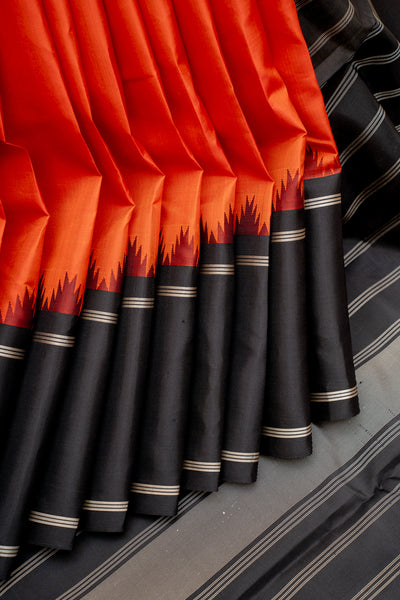 Orange and Black Without Zari Kanchipuram Pure Silk Saree - Clio Silks