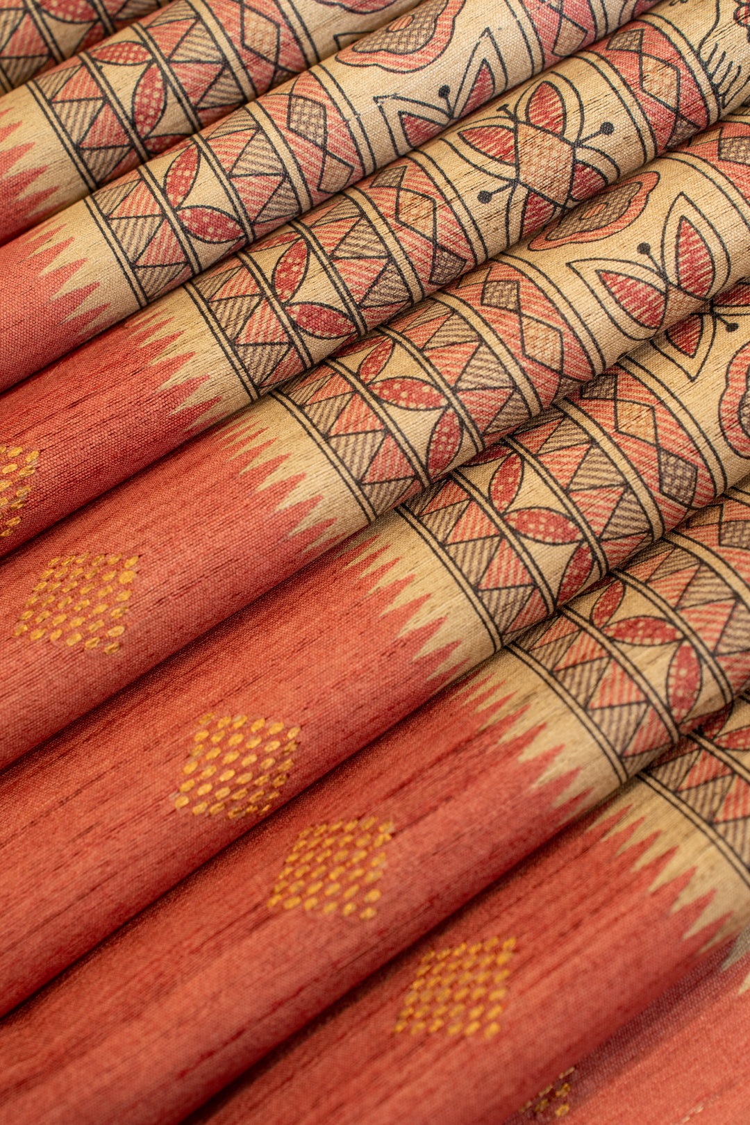 Peach Madhubani handprinted pure Tussar silk saree
