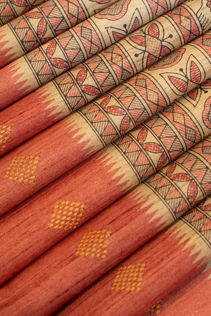 Peach Madhubani handprinted pure Tussar silk saree