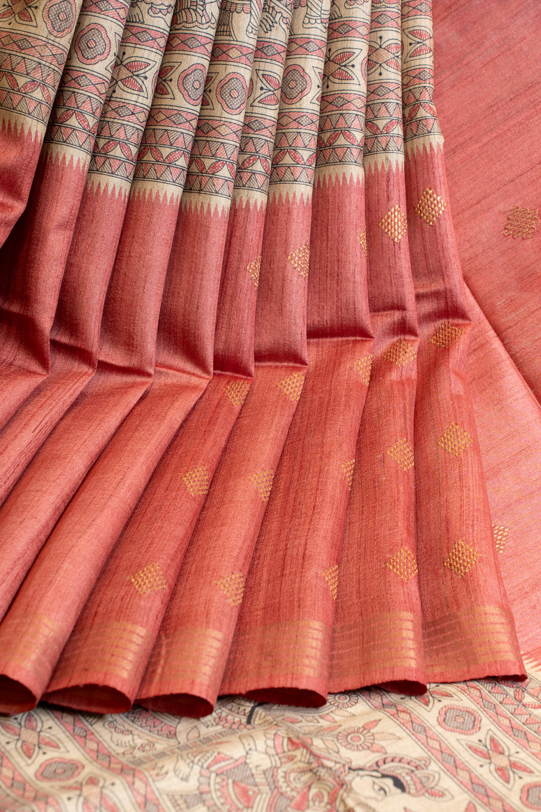 Peach Madhubani handprinted pure Tussar silk saree