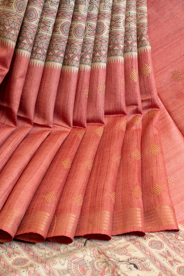 Peach Madhubani handprinted pure Tussar silk saree