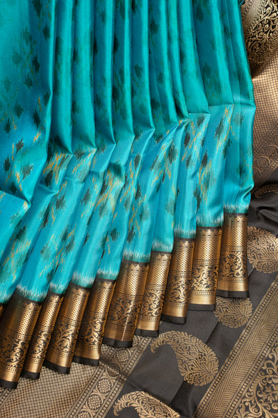 Peacock Blue and Black Pure Ikat Silk Saree - Clio Silks