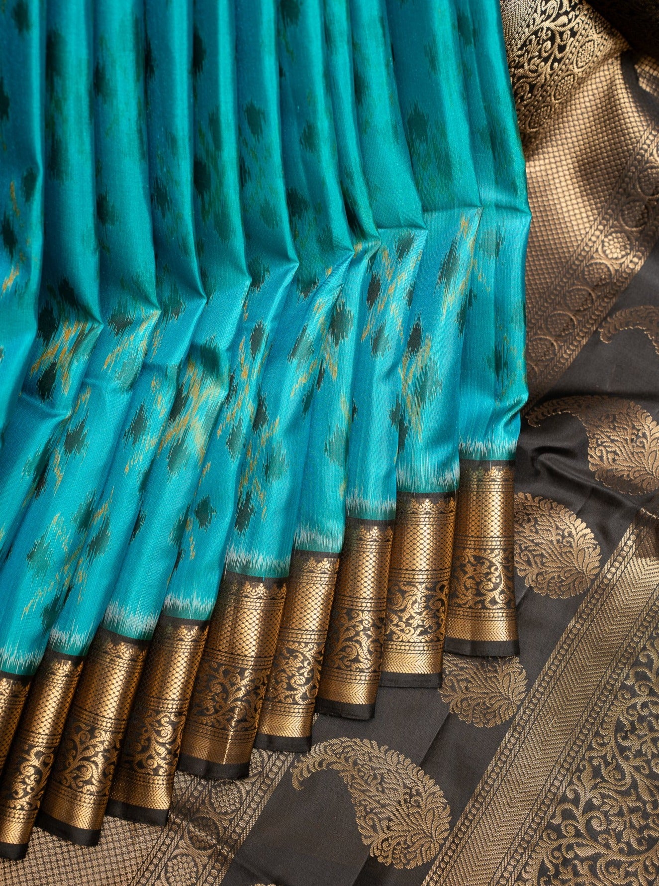 Peacock Blue and Black Pure Ikat Silk Saree - Clio Silks