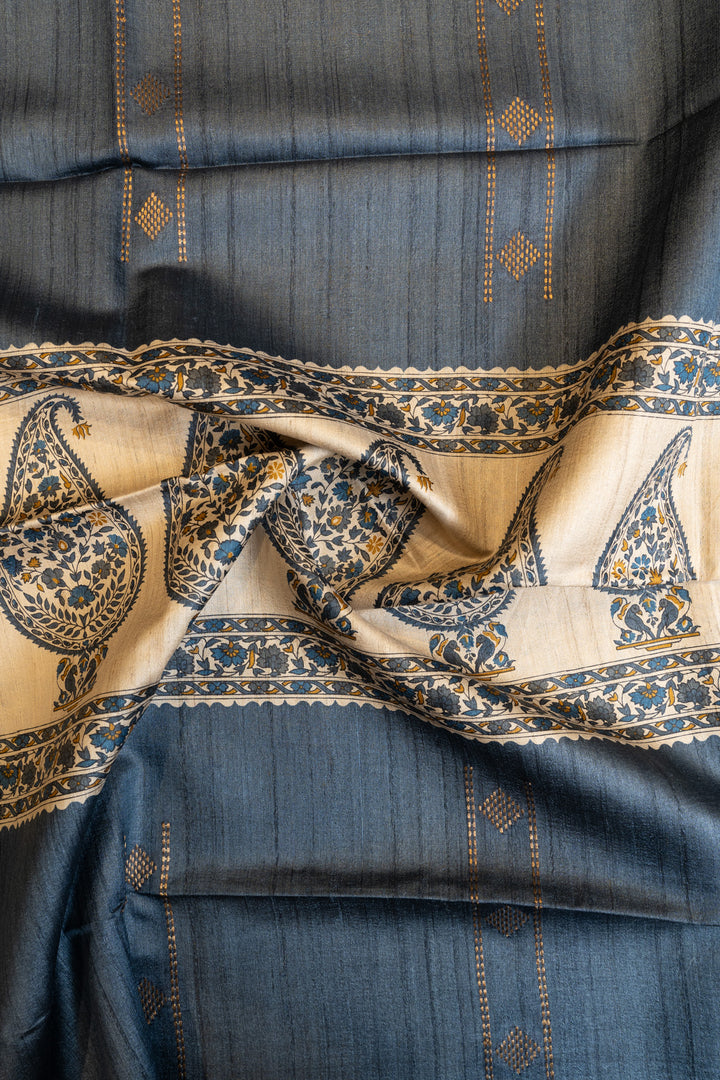Azure blue paisley hand printed pure Tussar saree