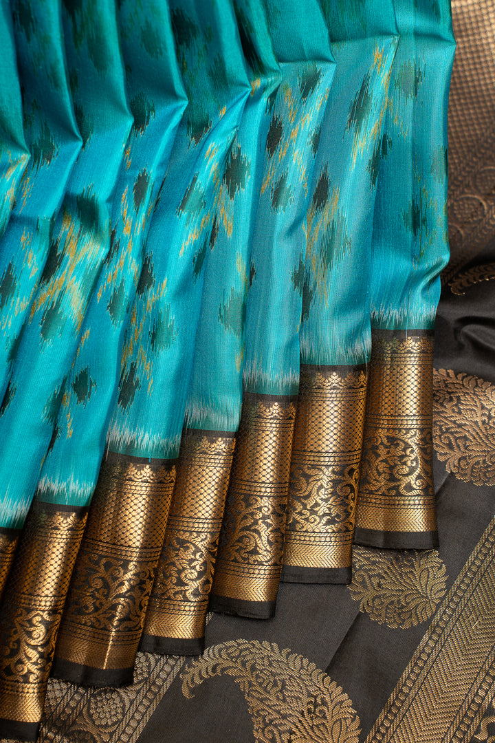 Peacock Blue and Black Pure Ikat Silk Saree - Clio Silks