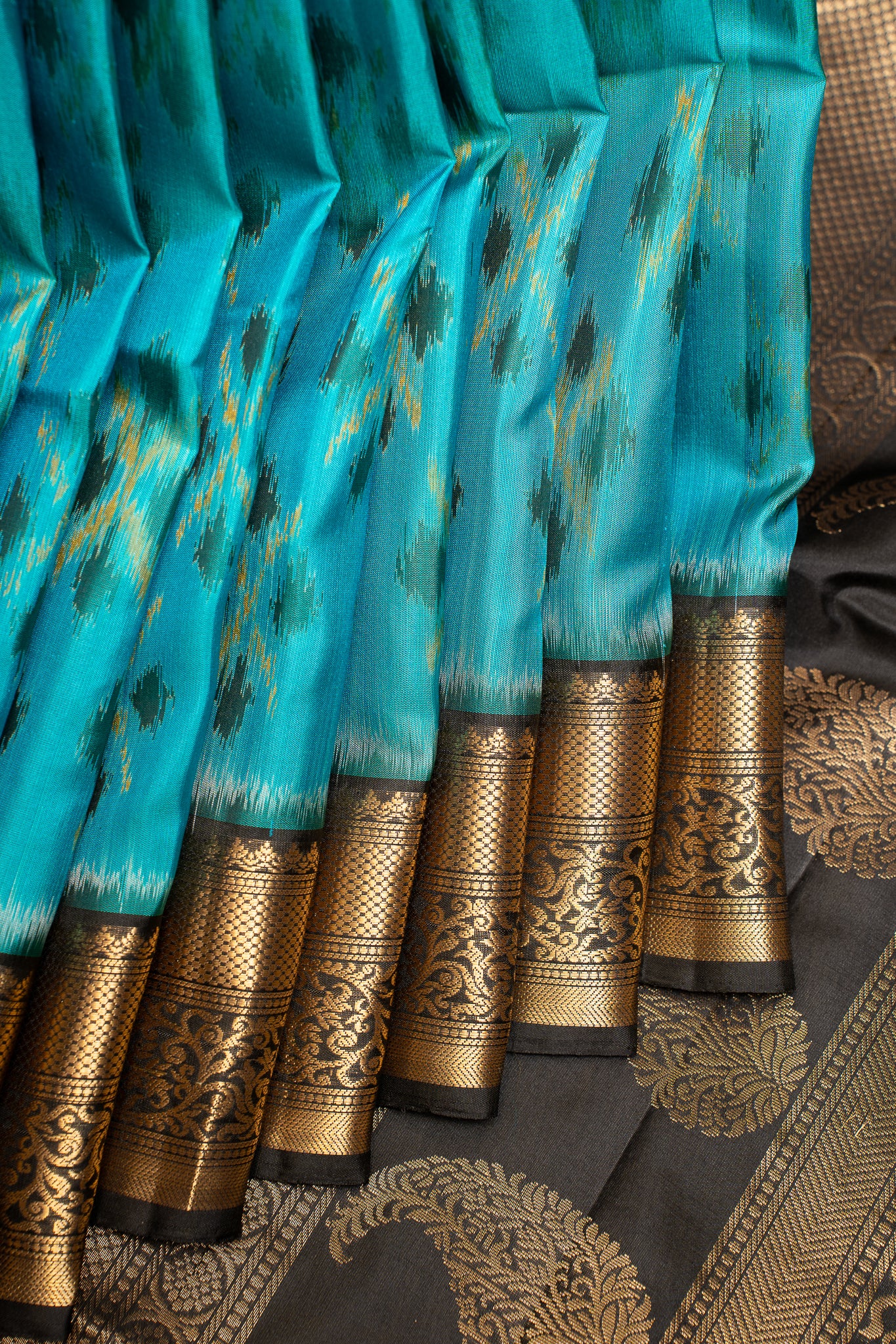 Peacock Blue and Black Pure Ikat Silk Saree - Clio Silks