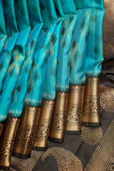 Peacock Blue and Black Pure Ikat Silk Saree - Clio Silks
