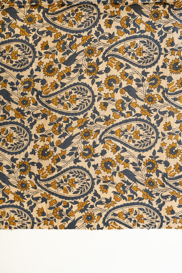 Azure blue paisley hand printed pure Tussar saree