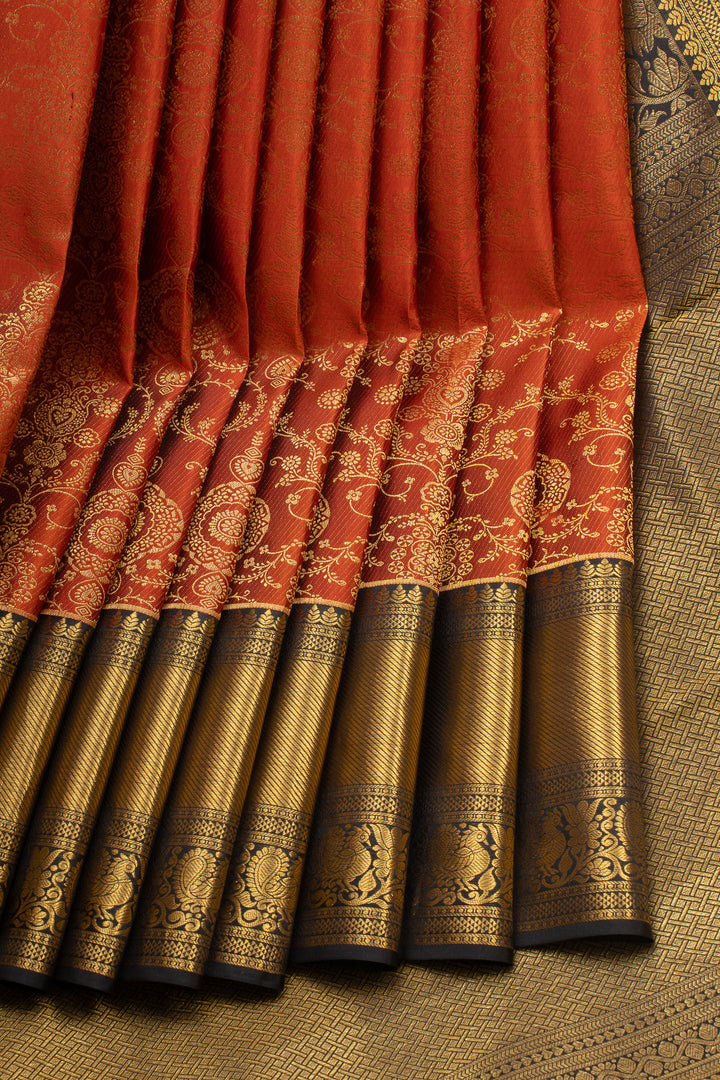 Rust Orange &amp; Brown Traditional Pure Kanchipuram Silk Saree