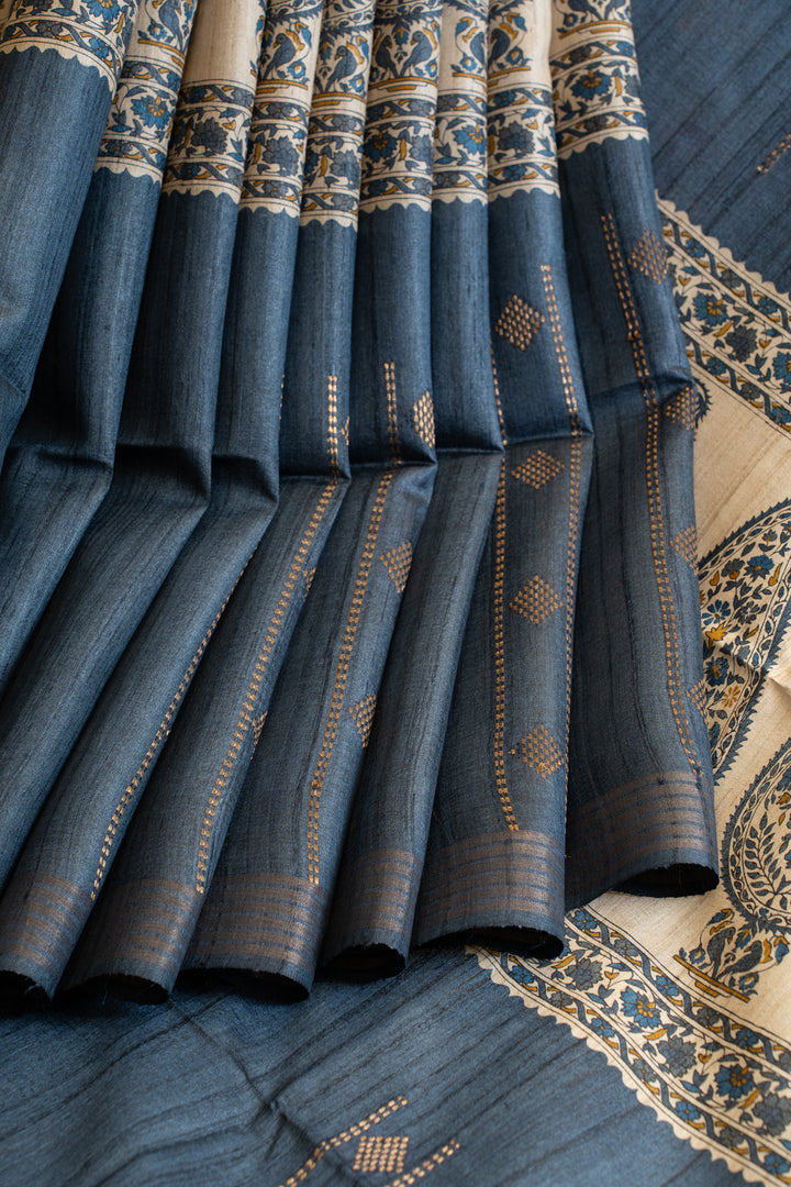 Azure blue paisley hand printed pure Tussar saree