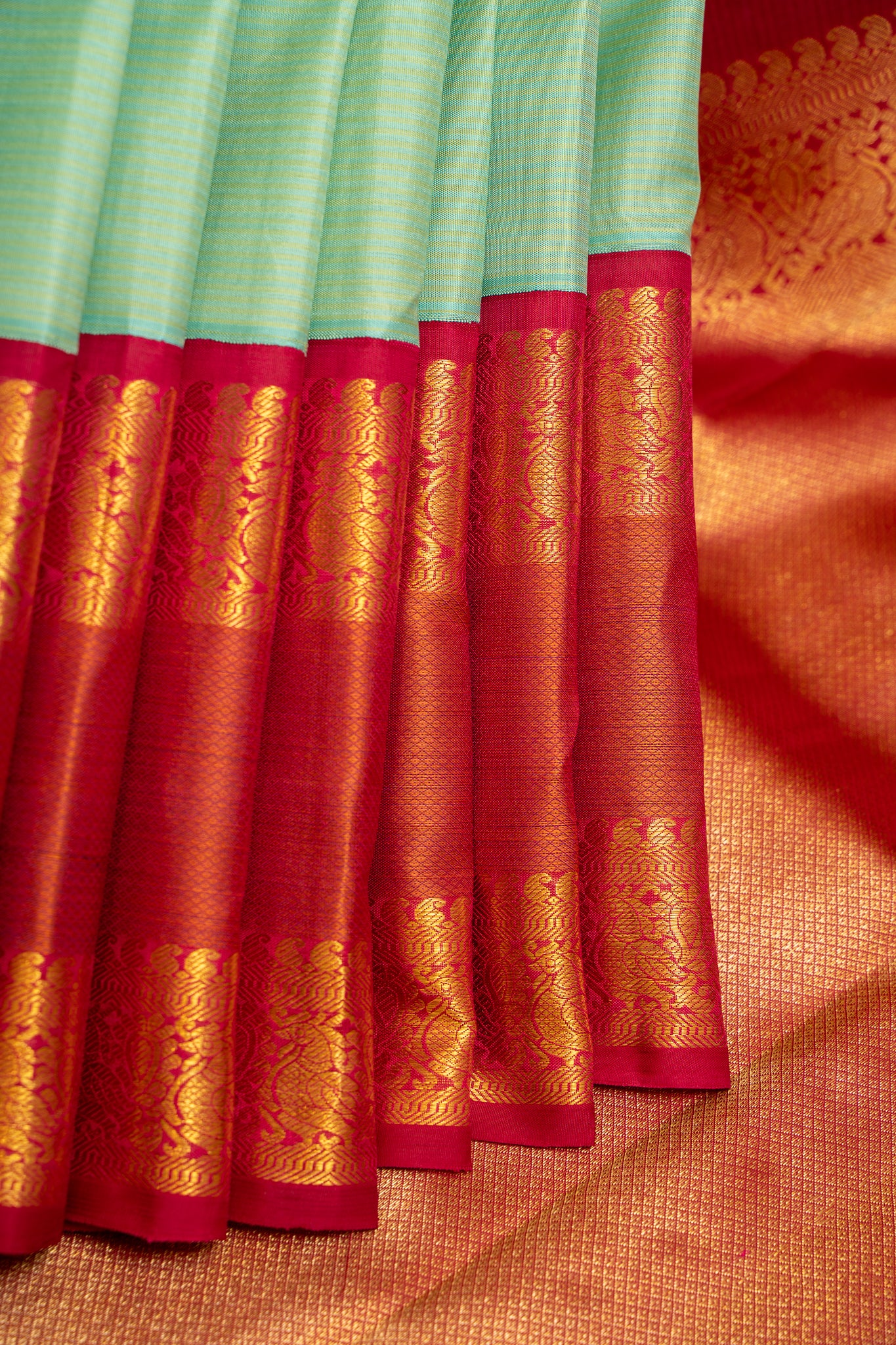 Seafoam Green and Red Pure Zari Kanchipuram Silk Saree - Clio Silks