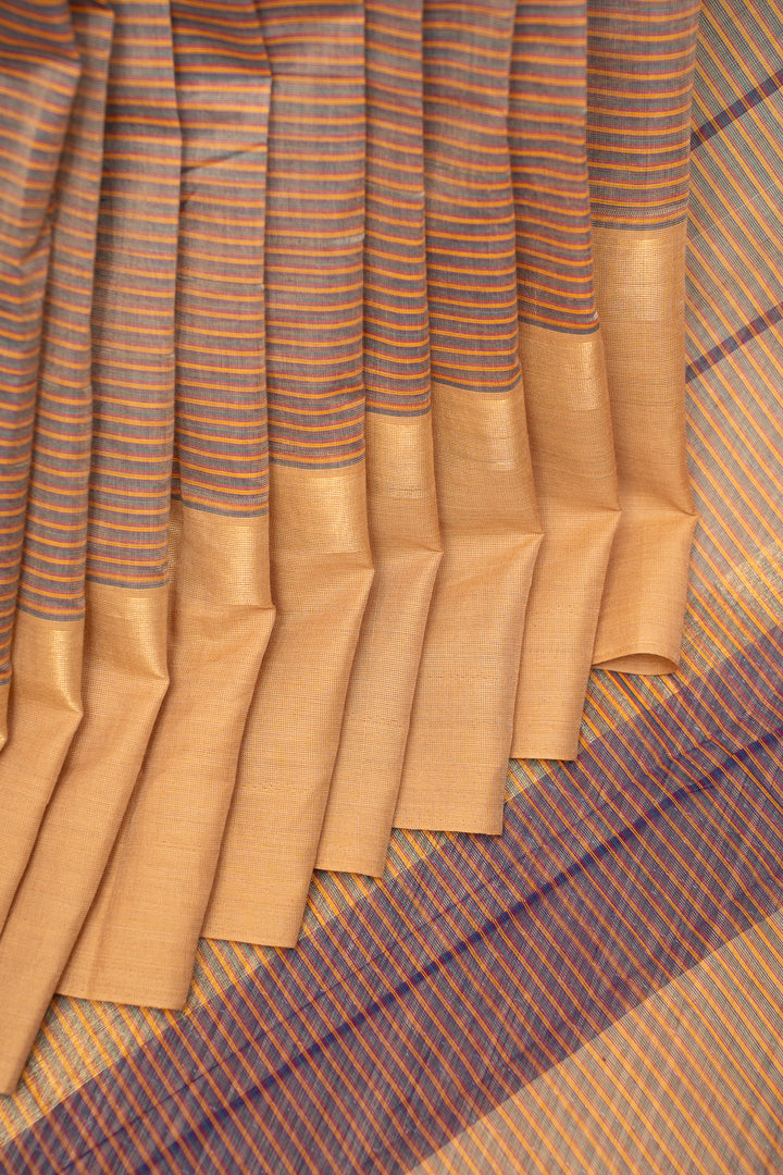 Peach and Grey Stripes Pure Kanchi Cotton Saree - Clio Silks