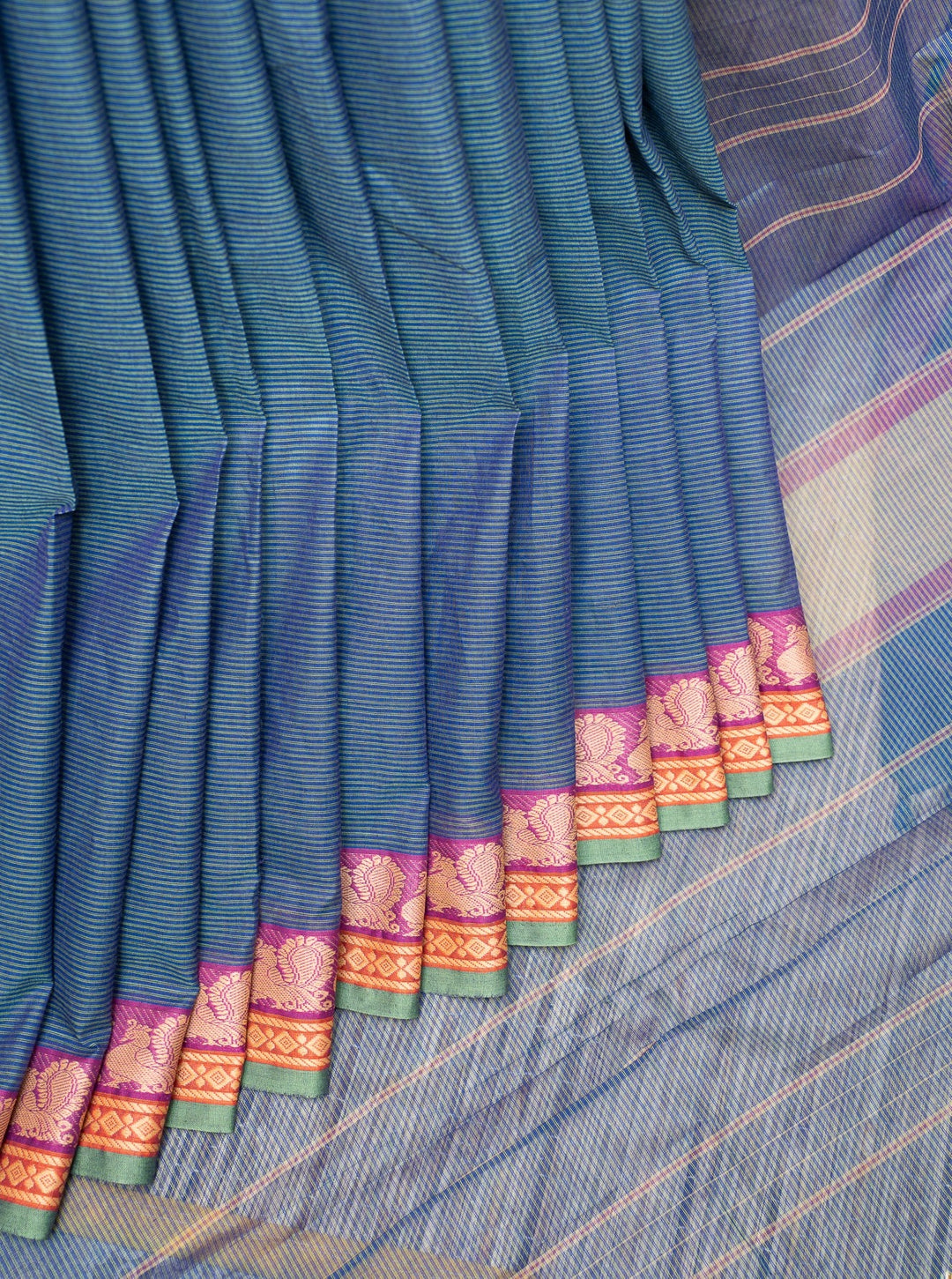 Peacock Blue Stripes Pure Kanchi Cotton Saree - Clio Silks