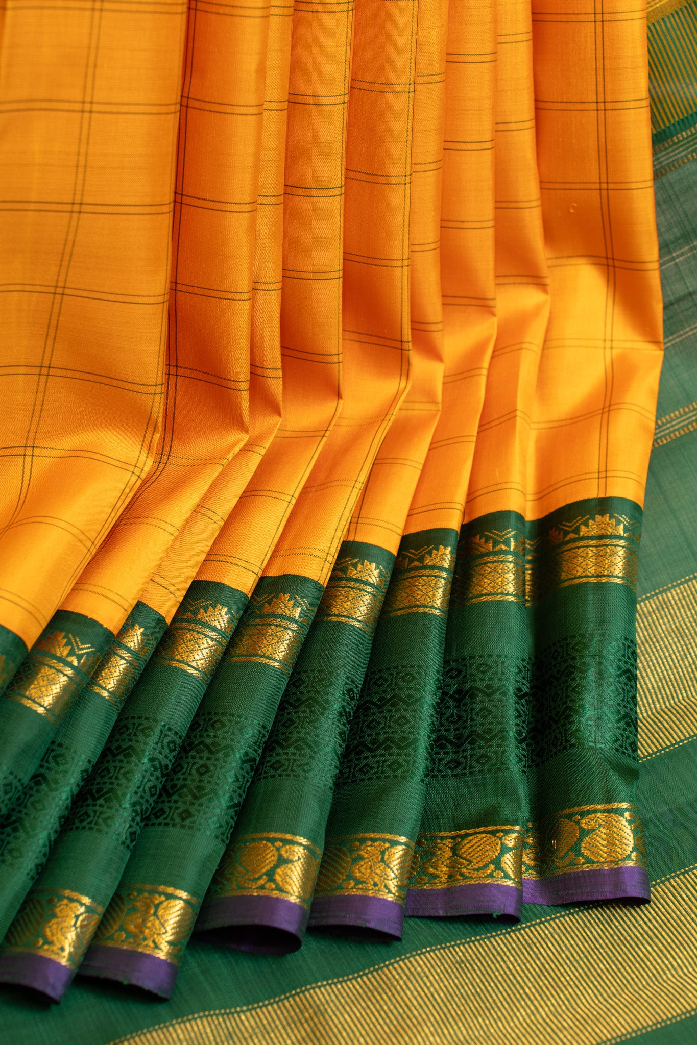 Yellow and green thread border pure Kanchipuram silk saree