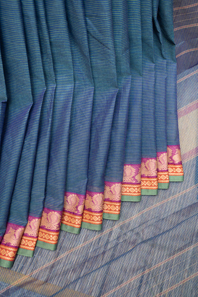 Peacock Blue Stripes Pure Kanchi Cotton Saree - Clio Silks