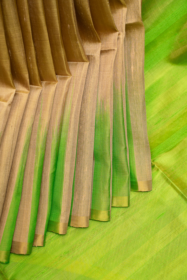 Beige and Parrot Green Dupian Pure Silk Saree - Clio Silks