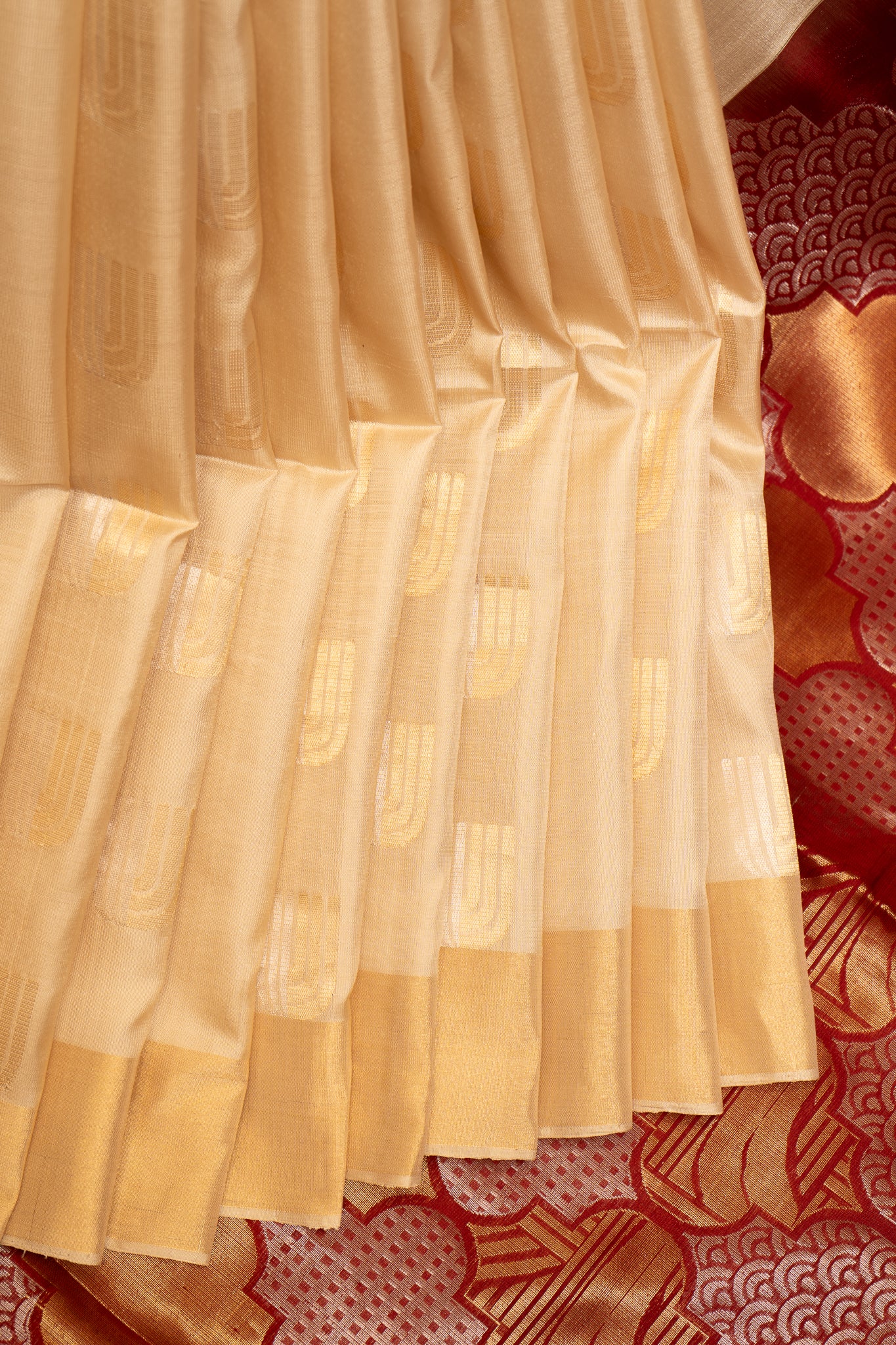 Cream and Maroon Pure Soft Silk Saree - Clio Silks