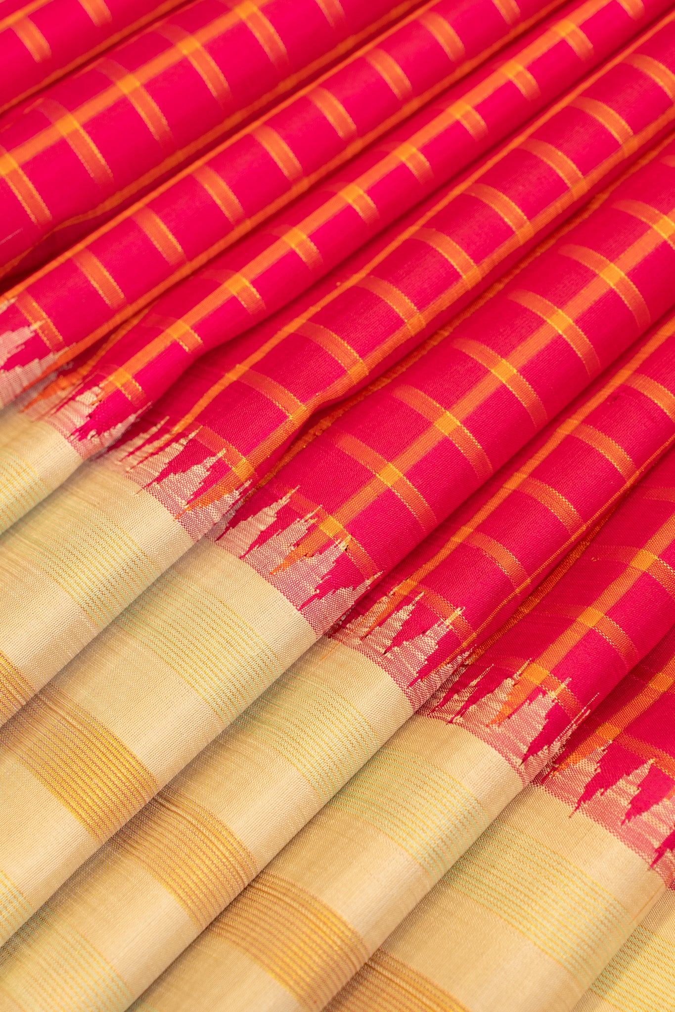 Magenta checks and ivory pure Kanchipuram silk saree