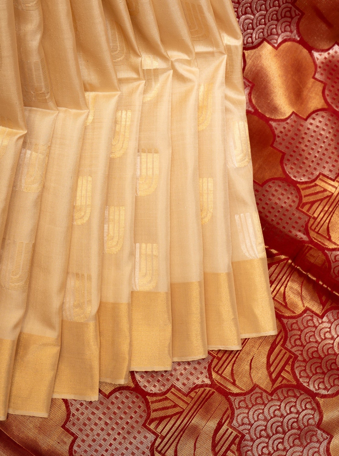 Cream and Maroon Pure Soft Silk Saree - Clio Silks