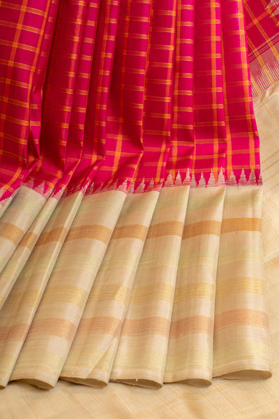 Magenta checks and ivory pure Kanchipuram silk saree