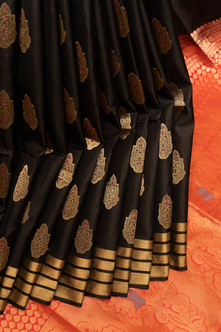 Black and Gold Pure Soft Silk Saree - Clio Silks